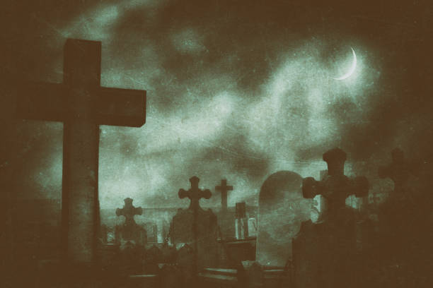representation of an old cemetery, with a ghost in the foreground and church in the background 