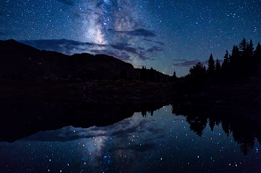 Milky Way Reflecting in Mountain Lake at Night - Bright stars in wilderness area.