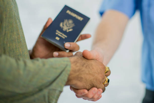 genehmigung - customs official examining emigration and immigration document stock-fotos und bilder