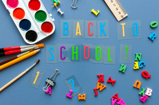 istock Back to school concept. Inscriptions on teacher or student workplace background with school supplies on blue table. Autumn time 840982094