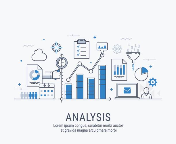 Analysis vector illustration Modern thin line design for analysis website banner. Vector illustration concept for business analysis, market research, product testing, data analysis. business strategy illustrations stock illustrations