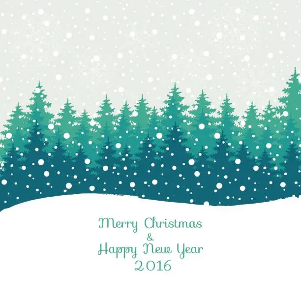 Vector illustration of Merry Christmas and Happy New Year 2016  Christmas greeting card. Vector winter holidays landscape background with trees, snowflakes, falling snow.