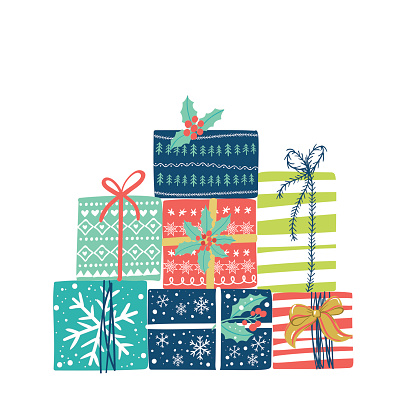 Christmas presents set. Vector winter holidays background.