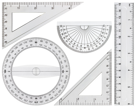 Set of drawing tools, ruler, protractor triangle, isolated on white background