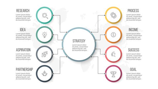 illustrazioni stock, clip art, cartoni animati e icone di tendenza di infografica aziendale. organigramma con 8 opzioni. modello vettoriale. - organization chart