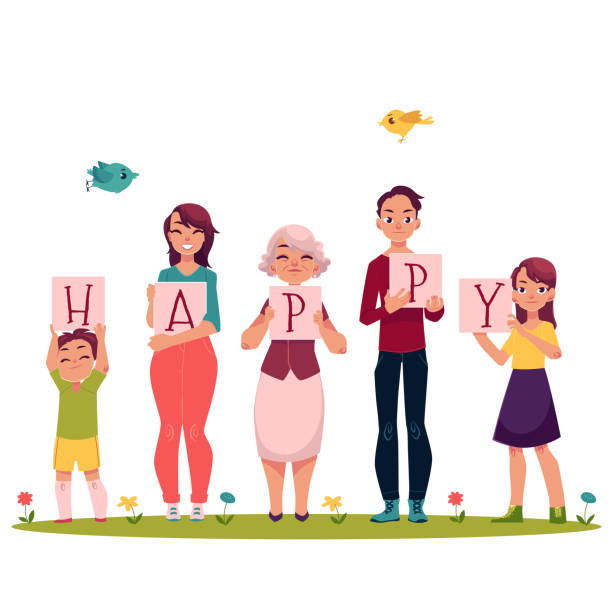 członkowie rodziny trzymający litery słowa happy - happy stock illustrations