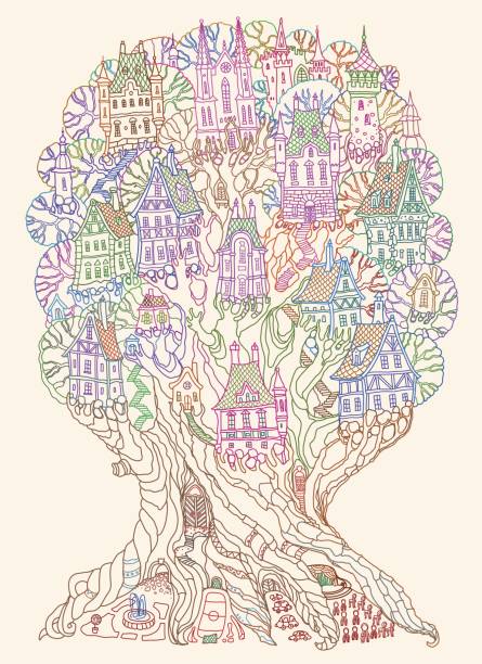 Vector hand drawn fantasy old oak tree with fairy tale houses, castles and palaces. Color contour drawing on a beige background. Tee-shirt print. Adults and children Coloring book vertical page. Batik template Vector hand drawn fantasy old oak tree with fairy tale houses, castles and palaces. Color contour drawing on a beige background. Tee-shirt print. Adults and children Coloring book vertical page. Batik template old oak tree stock illustrations