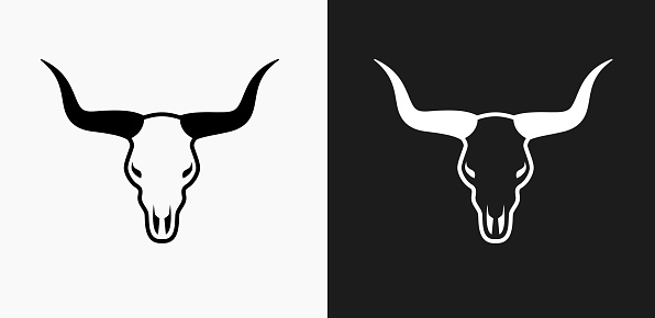 Bull Skull Icon on Black and White Vector Backgrounds. This vector illustration includes two variations of the icon one in black on a light background on the left and another version in white on a dark background positioned on the right. The vector icon is simple yet elegant and can be used in a variety of ways including website or mobile application icon. This royalty free image is 100% vector based and all design elements can be scaled to any size.