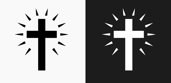Christian Cross Icon on Black and White Vector Backgrounds. This vector illustration includes two variations of the icon one in black on a light background on the left and another version in white on a dark background positioned on the right. The vector icon is simple yet elegant and can be used in a variety of ways including website or mobile application icon. This royalty free image is 100% vector based and all design elements can be scaled to any size.