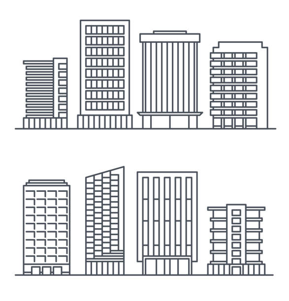 небоскребы и бизнес-здания, элементы городского дизайна. - construction apartment house in a row stock illustrations