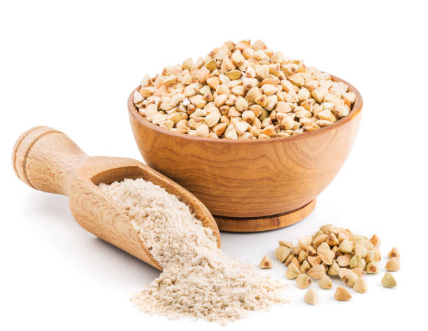 Whole grain buckwheat flour isolated on white