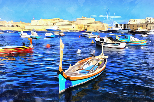 Colorful painting of boats in marine between Isla and Birgu, Malta