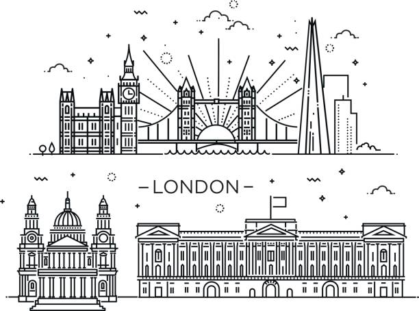 lineare banner der stadt london. - tower bridge stock-grafiken, -clipart, -cartoons und -symbole