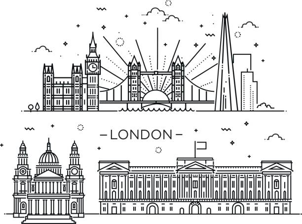 ilustraciones, imágenes clip art, dibujos animados e iconos de stock de bandera lineal de la ciudad de londres. - tower bridge