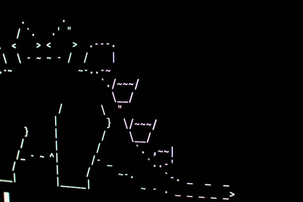 arte digitale nei primi anni '80. parte di un dinosauro disegnato in asci-art - ascii art foto e immagini stock