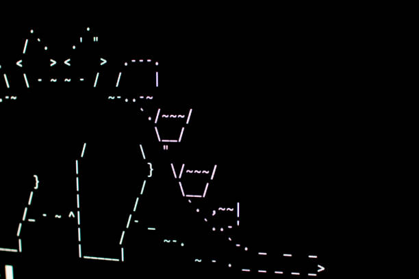 Digital Art in early 80s. Part of a dinosaur drawn in ASCI-Art stock photo