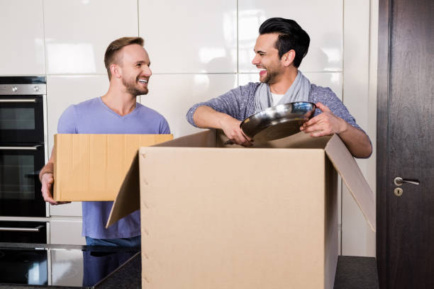 istock Smiling gay couple unpacking cardboard 841037082
