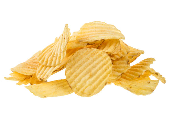 istock Ribbed potatoes snack chips close up isolated on white background. 841049268