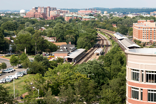Looking out at Alexandria Virginia over the train station from an apartment building toward Washington D.C.