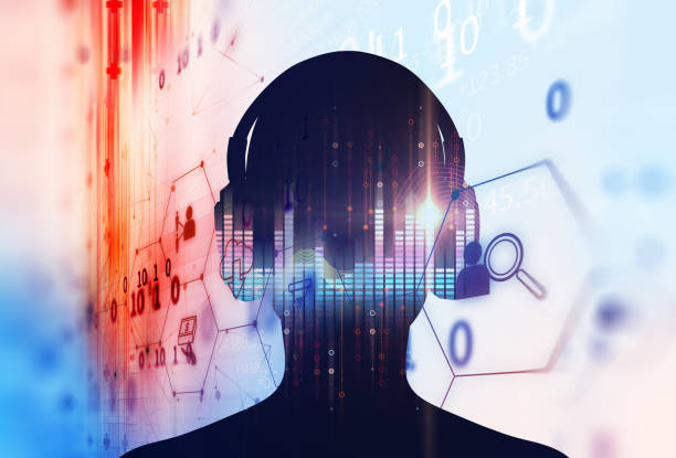 istock 3d illustration of human with headphone on Audio waveform 841064748