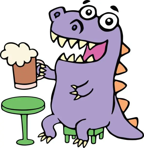 Vector illustration of Happy purple dragon sitting with a mug of beer. Vector illustration.