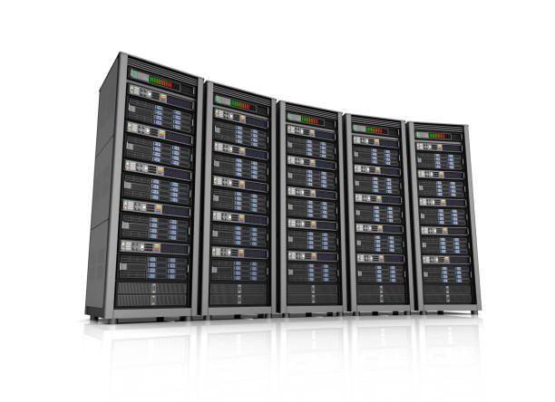 istock Row of network servers in data center isolated on white background . 3D illustration 841091200