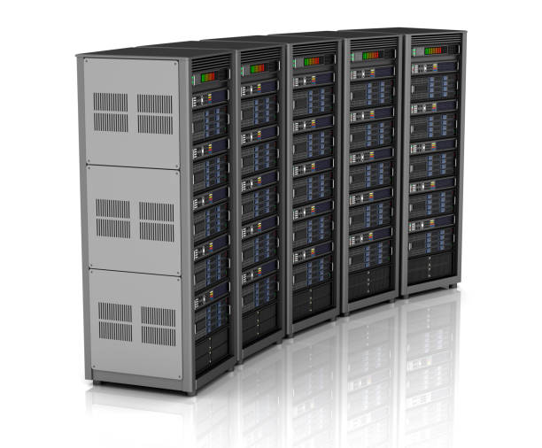 wiersz serwerów sieciowych w centrum danych izolowane na białym tle . ilustracja 3d - network server rack data center in a row zdjęcia i obrazy z banku zdjęć