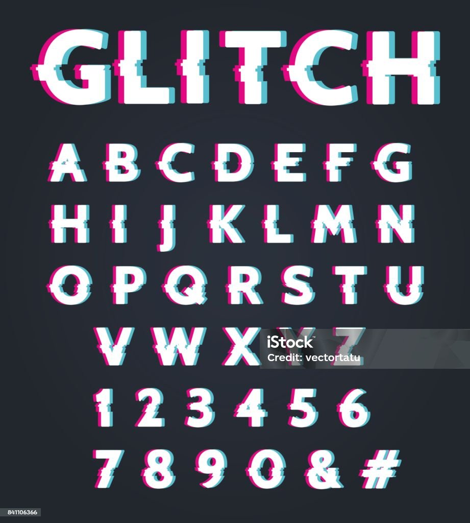 Font with glitch effect Font with glitch effect. Glitched digital alphabet, type letters with old tv screen distortion vector illustration Problems stock vector