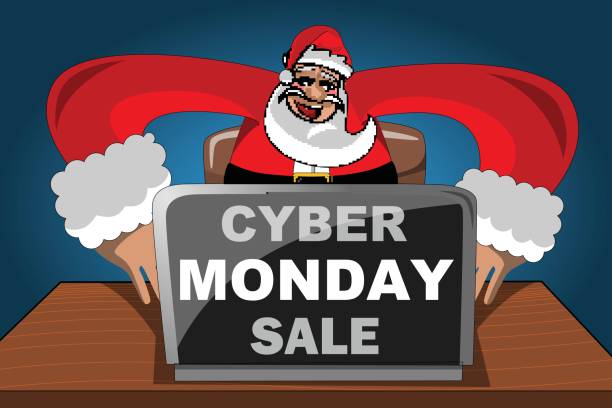 moderne weihnachtsmann kauft internet-computer-cyber-montag-verkauf - hexe grafiken stock-grafiken, -clipart, -cartoons und -symbole