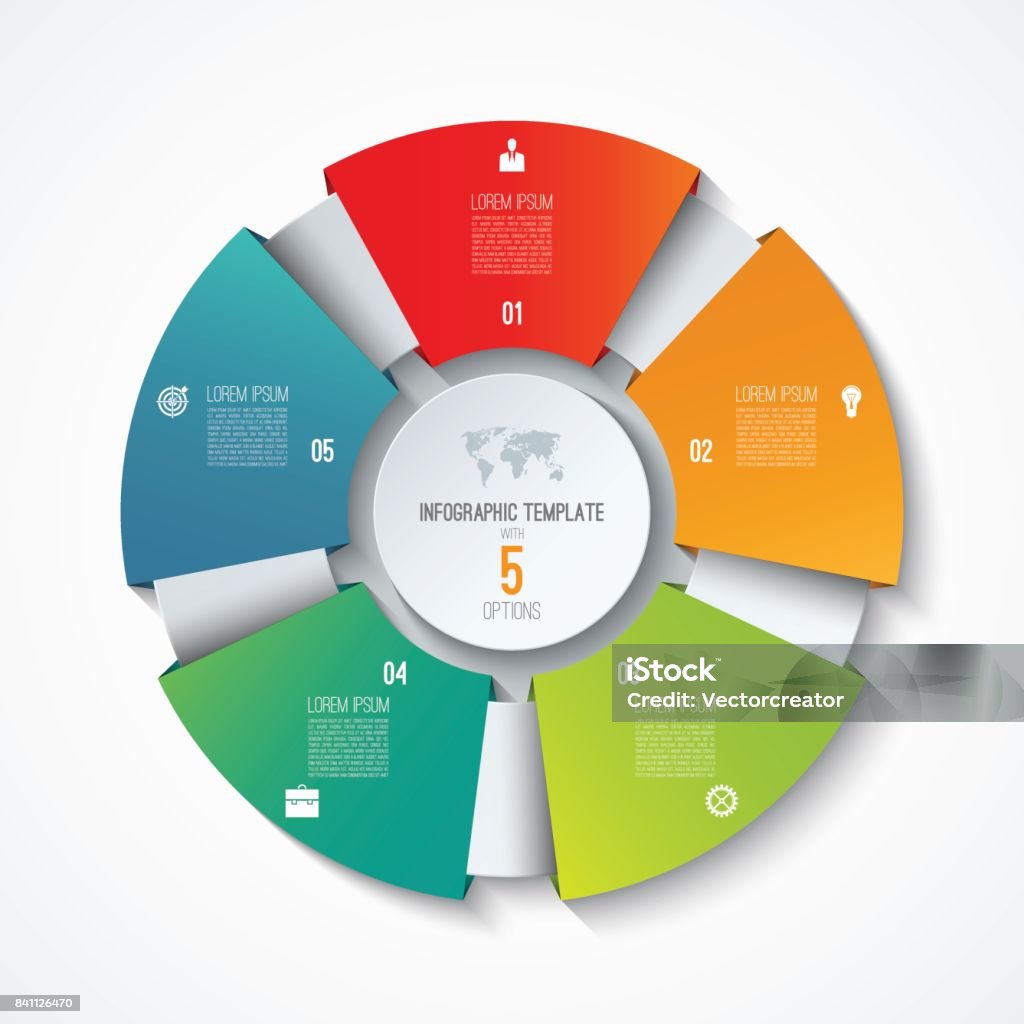 Circle infographic template. Process wheel. Vector pie chart. Business concept with 5 options Circle infographic template. Process wheel. Vector pie chart. Business concept with 5 options, parts, steps. Can be used for diagram, graph, chart, step by step infographics, web design Five Objects stock vector