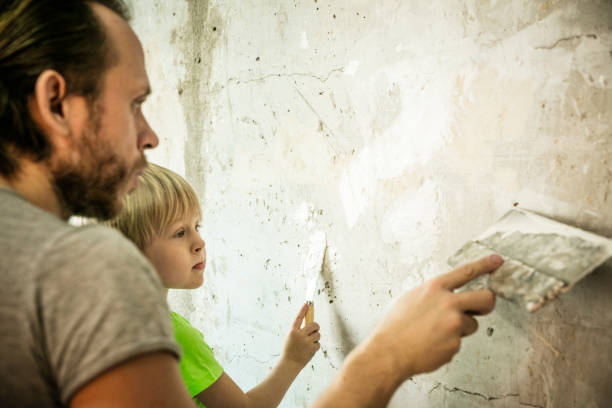 father and son with trowel plastering a wall - plaster plasterer work tool child imagens e fotografias de stock