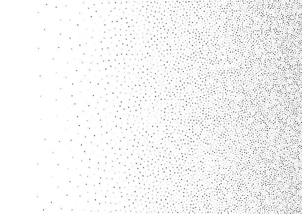 Vector illustration of Abstract gradient halftone random dots background. A4 paper size, vector illustration, bw backdrop using halftone circle dots raster pattern texture.