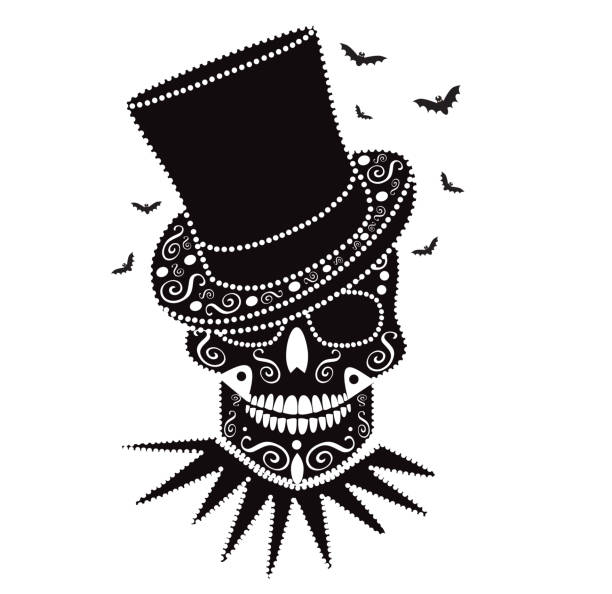 박쥐, 흑인과 백인으로 해피 할로윈 해골 - scroll shape frame skull decoration stock illustrations