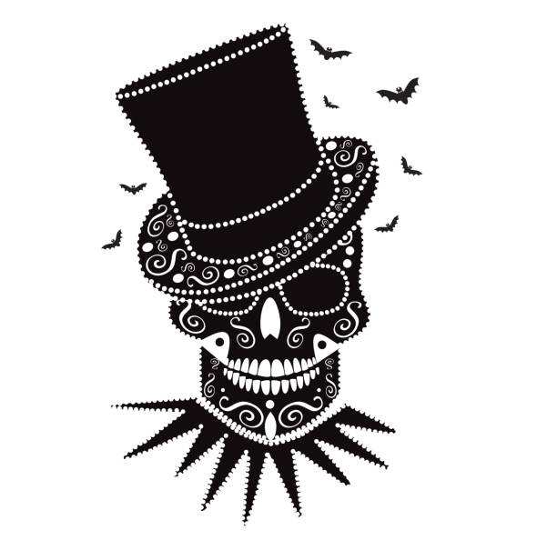 ilustrações de stock, clip art, desenhos animados e ícones de happy halloween skull with bats, black and white - scroll shape frame skull decoration