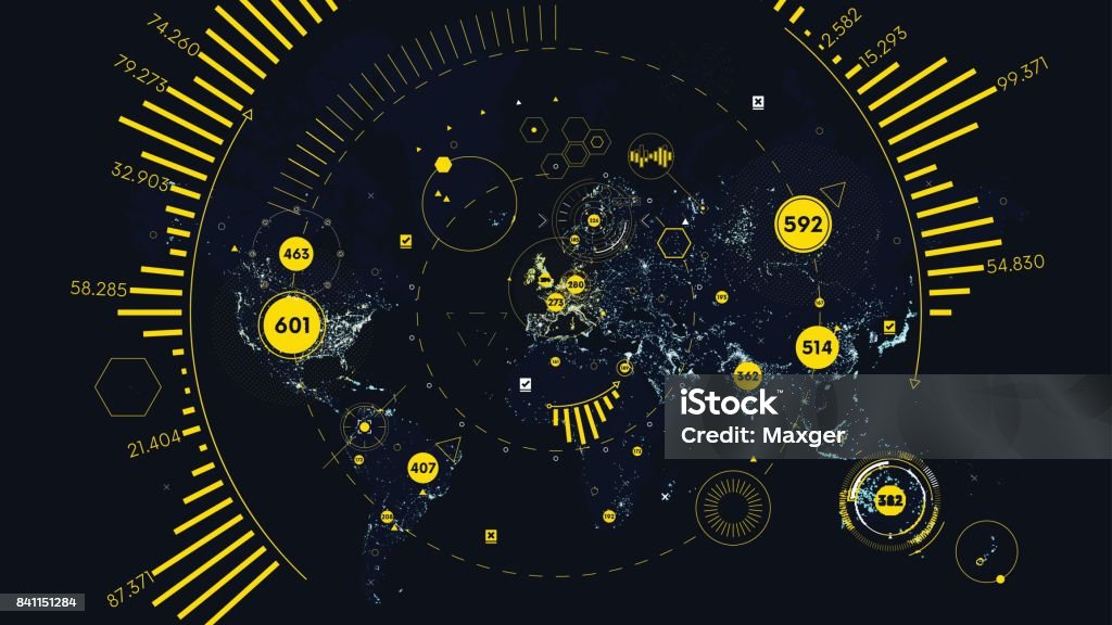 HUD futuristic interface global technology and telecommunication network, Vector world map of world analytics Time stock vector