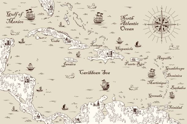 stara mapa morza karaibskiego, ilustracja wektor - compass drawing compass map cartography stock illustrations