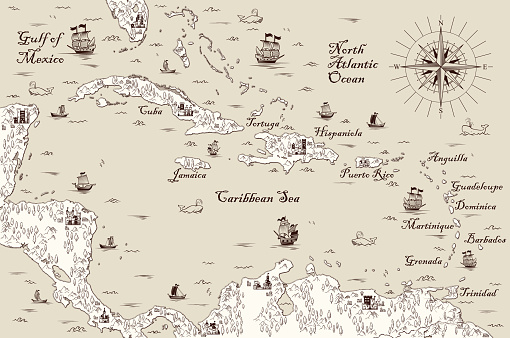 Old map of the Caribbean Sea, Vector illustration