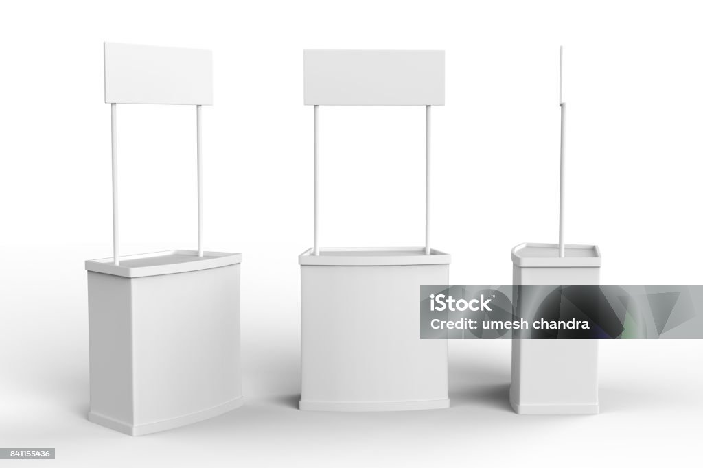 White blank advertising POS POI PVC Promotion counter booth, Retail Trade Stand on the white background. Mock Up Template For Your Design. 3D illustration Market Stall Stock Photo