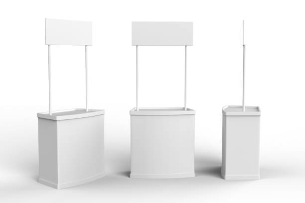 White blank advertising POS POI PVC Promotion counter booth, Retail Trade Stand on the white background. Mock Up Template For Your Design. 3D illustration White blank advertising POS POI PVC Promotion counter booth, Retail Trade Stand on the white background. Mock Up Template For Your Design. 3D illustration kiosk stock pictures, royalty-free photos & images