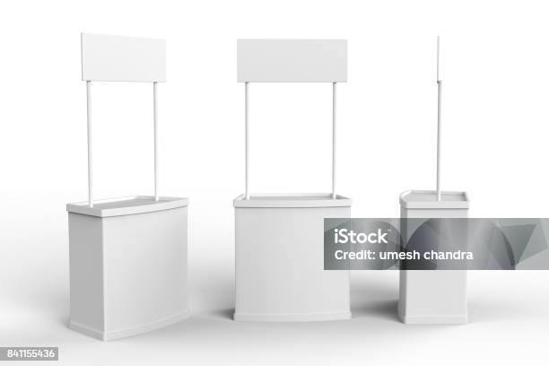 White Blank Advertising Pos Poi Pvc Promotion Counter Booth Retail Trade Stand On The White Background Mock Up Template For Your Design 3d Illustration Stock Photo - Download Image Now