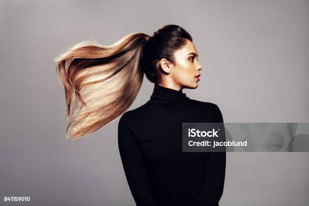 Stilvolle Junge Frau Mit Fliegenden Haare Stockfoto und mehr Bilder von Pferdeschwanz - Pferdeschwanz, Frauen, Model