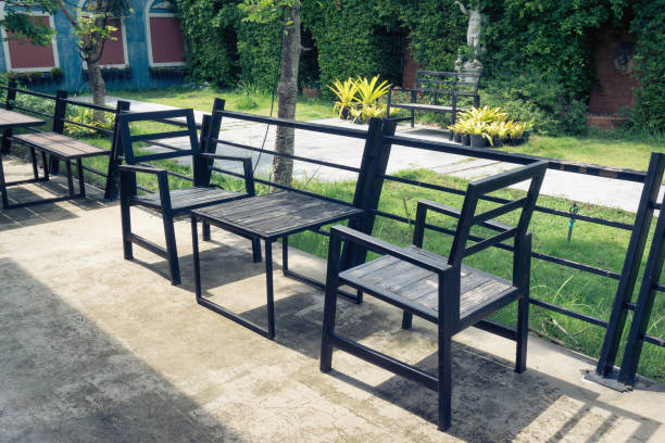 istock Metal wood table and chair 841159744