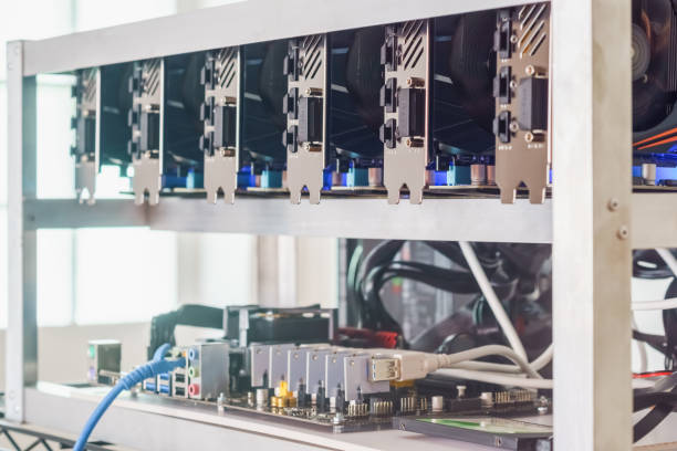 istock Cryptocurrency background (mining rig), Close up of array of GPUs for mining rig machine to mine for digital cryptocurrency such as bitcoin, ethereum and other altcoins. 841162936