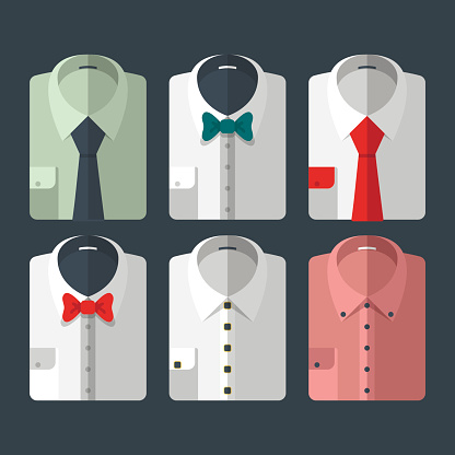 Set of different flat-style shirts with ties and bowties. Casual and business-style. EPS10