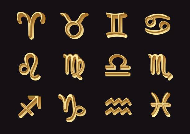 istock Set gold zodiac sign, painted astrological symbols isolated on dark background, vector hand drawing 841169254
