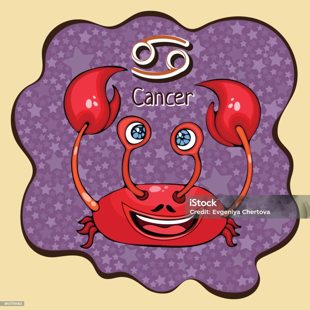 Sterrenbeeld Cartoon Kanker Astrologische Teken Hand Tekenen Geschilderde Grappige Kanker In Het Frame In De Vorm Van Een Abstracte Paarse Inkt Ter Plaatse Met De Achtergrond Van De Sterren Vectorillustratie Stockvectorkunst En