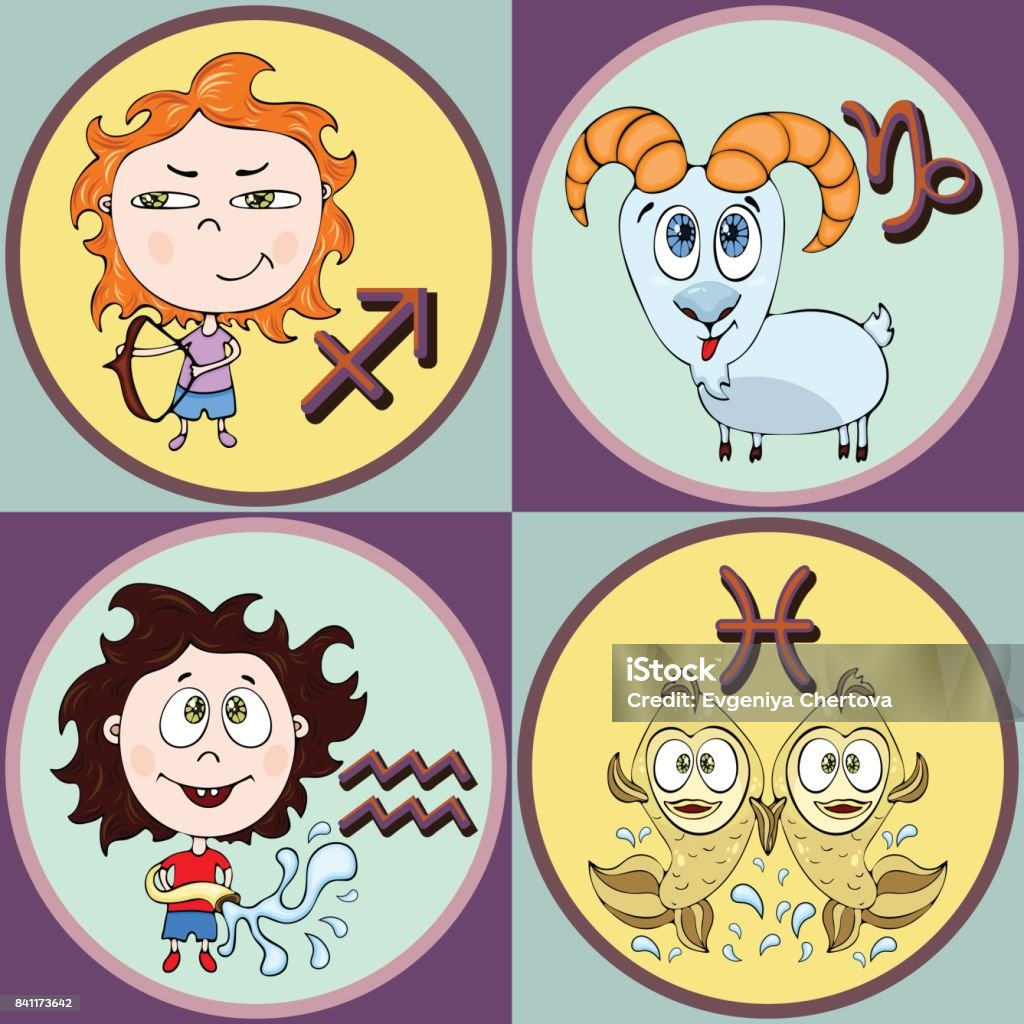Set Zodiac Sign Cartoon Sagittarius Capricorn Aquarius Pisces Painted Funny  Astrological Characters And Symbols In A Round Frame Multicolored On  Colorful Background Vector Illustration Stock Illustration - Download Image  Now - iStock