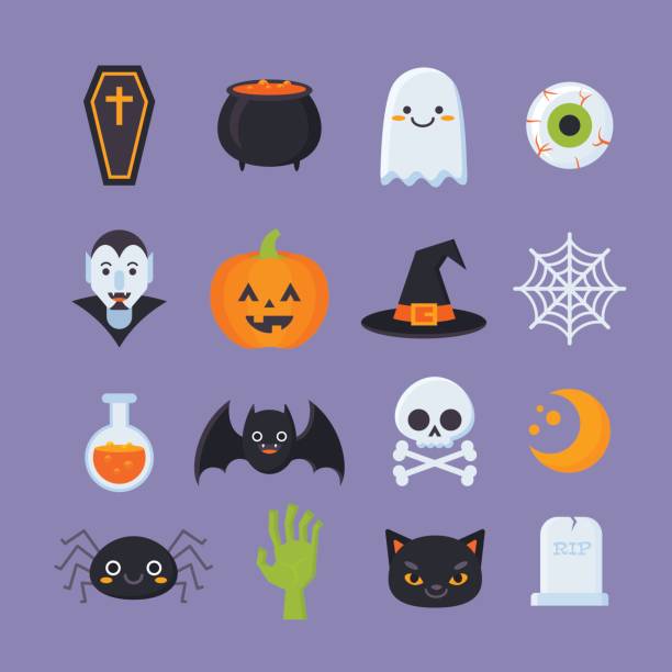 Halloween-icons Flat Halloween icons with creepy symbols for infographics, cards, kids and web design cauldron stock illustrations