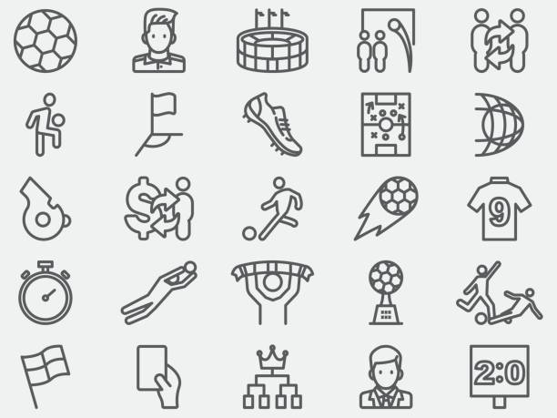 ilustrações de stock, clip art, desenhos animados e ícones de soccer football line icons - flatware silverware in a row eating utensil