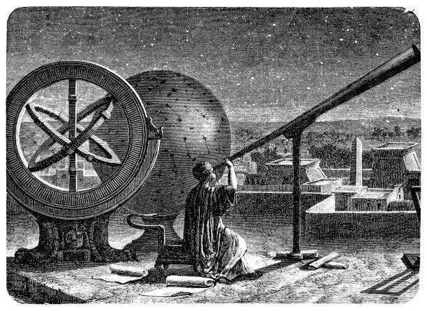ilustrações, clipart, desenhos animados e ícones de hiparco em seu observatório em alexandria - telescópio astronômico
